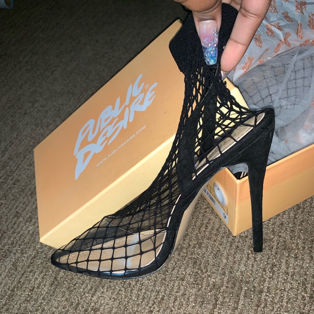 Black fishnet heels
